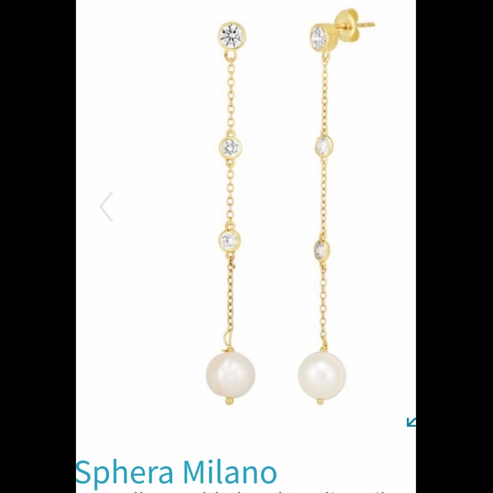 Sphera Milano 14KGold CZ Pearl LinearDrop Earrings